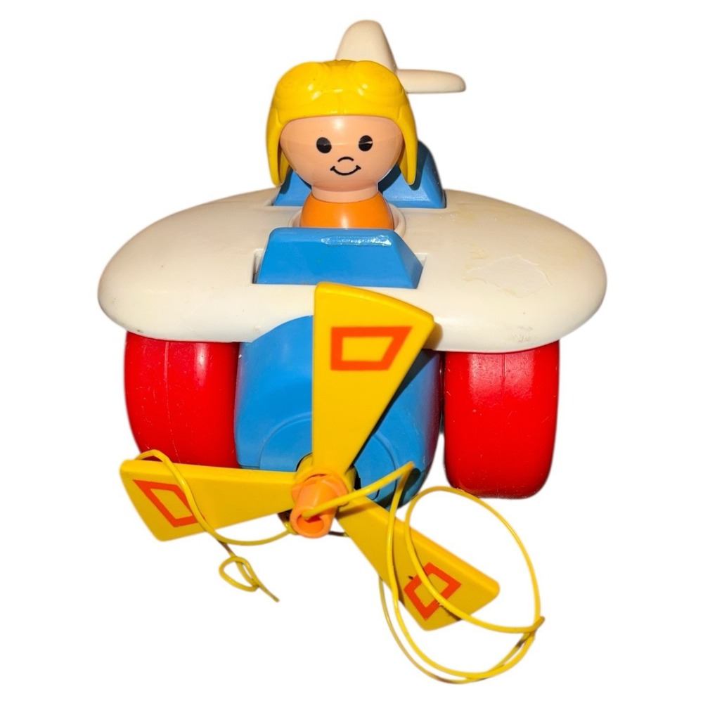 Vintage 1980 Fisher Price 171 Pull Along Airplane‎ W Pilot Pull Toy Works